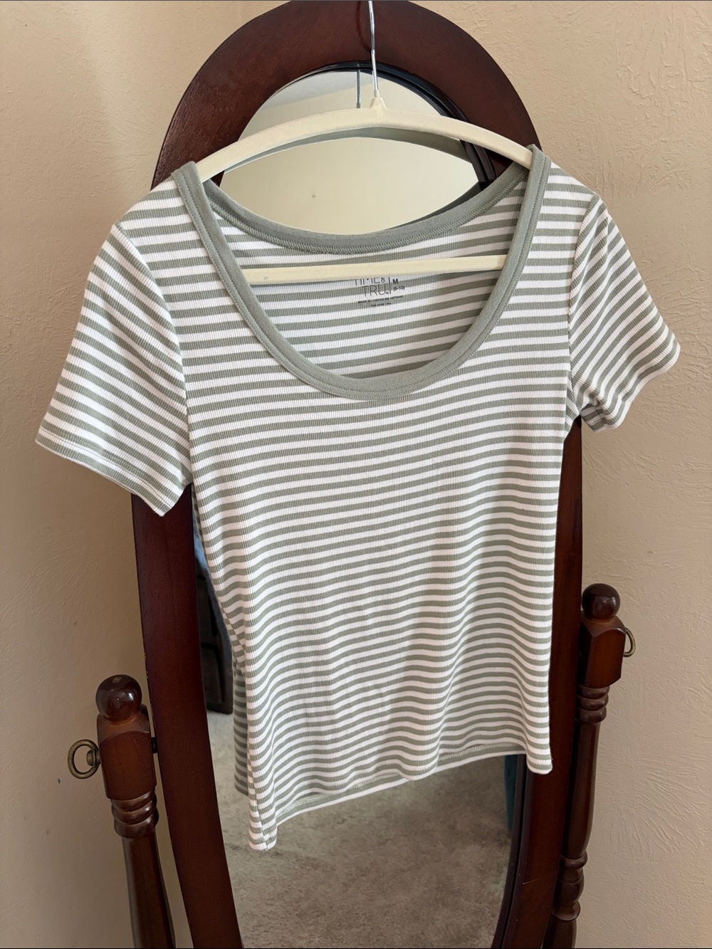 Time and Tru Olive & White Striped Scoop Neck Tee